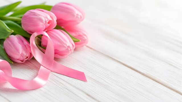 Pink ribbon for breast cancer awareness, fresh spring tulips on white wooden background, medical health concept with copy space