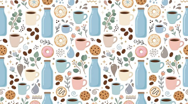 Seamless Pattern with Coffee Cups Milk Bottles Donuts and Cookies.