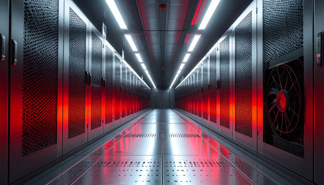 A modern futuristic server room corridor glows with red light. This secure hightech data center represents cloud computing, big data, cybersecurity, and AI, with no people.