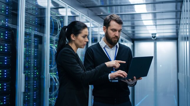 IT specialists, a man and a woman, standing in a modern data center server room, inspecting network racks with a laptop