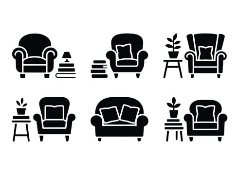 Collection of isolated black icon illustrations depicting various armchairs and furniture arrangements