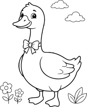 Cute cartoon goose with a bow tie, coloring page for kids
