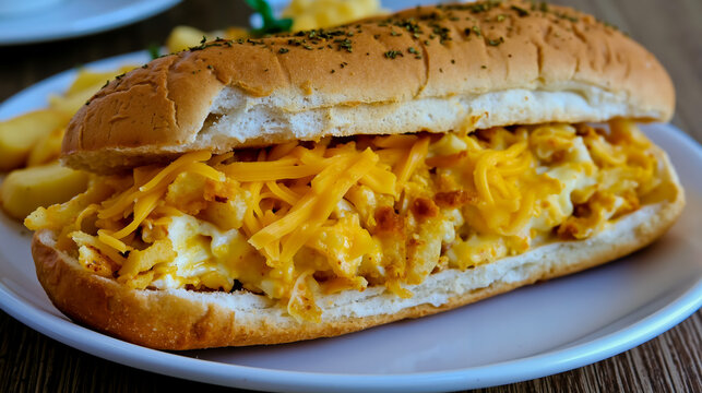 A close-up of a cheesy egg sandwich on a white plate