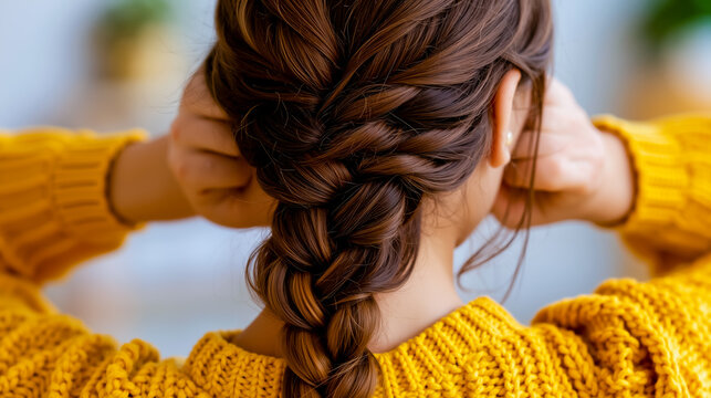 A woman with brown hair wearing a yellow sweater has her hands on her head