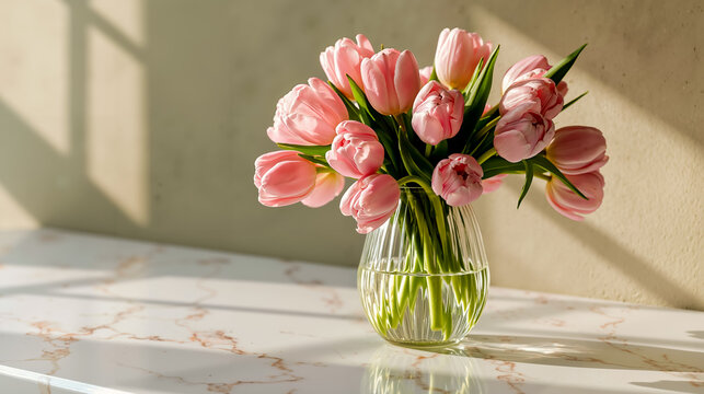 A vase of pink tulips on a marble table