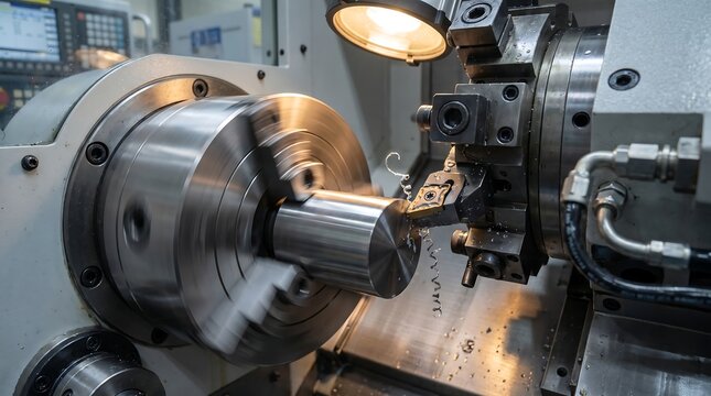 Close up view of CNC lathe machine cutting metal cylinder with precision tool and cooling fluid in industrial manufacturing environment showing metal chips and mechanical detail