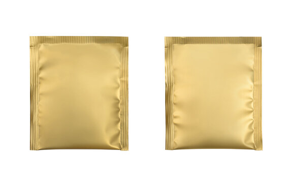 Gold foil sachet bag packaging mockup front and back isolated on white background for cosmetics, food, or coffee powder