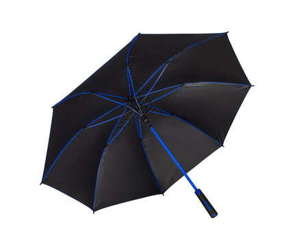 Open black golf umbrella undersurface view showing blue fiberglass ribs, frame structure, and handle isolated on white background