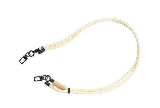 Off white beige adjustable phone lanyard strap with black swivel snap hooks isolated on white background