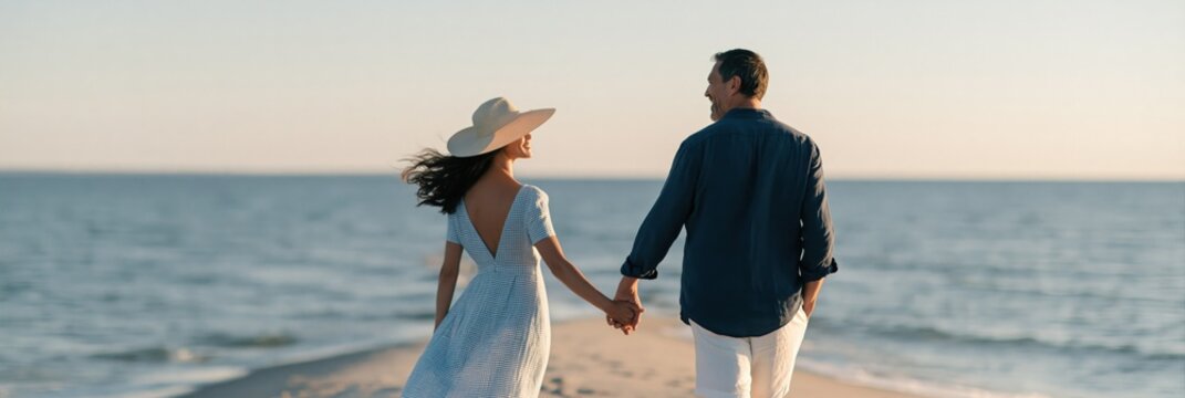 Couple holding hands walking along shoreline at golden daylight for romantic banner and travel wallpaper