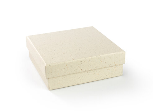 Blank textured beige recycled paper gift box with lid isolated on white background for luxury product packaging mockup