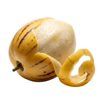 Pepino melon fruit with spiral peel, fresh exotic solanum muricatum on white background, sweet yellow pepino dulce with purple stripes
