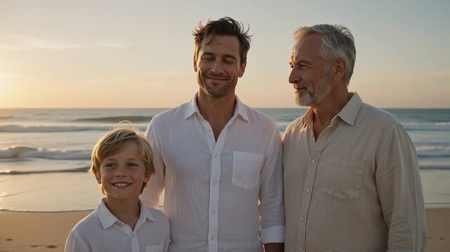 Horizontal video of three generations of men grandfather father and grandson standing together on the beach at sunset
