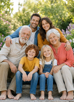 Three generations of a family sit and smile together in a garden, conveying warmth and togetherness. The group includes grandparents, parents, and two children in casual clothing.