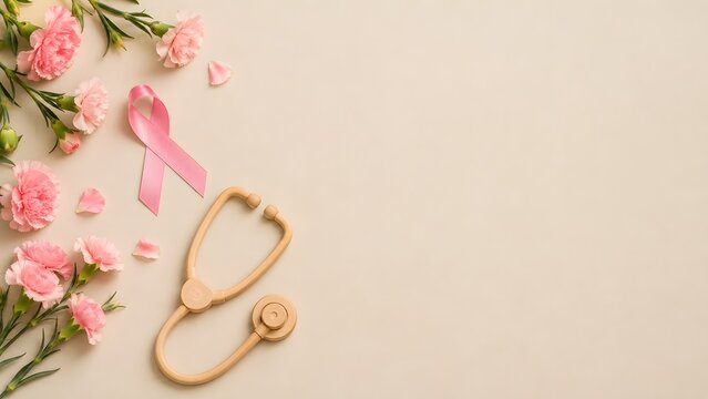 Breast cancer awareness concept with pink ribbon and stethoscope, floral background with carnations, medical health care flat lay with copy space