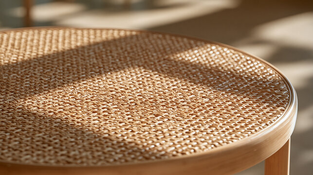 Early morning mist settles over a close single object detail of a hand-caned chair seat, the natural rattan weave pattern catching low diffused light, quality craftsmanship
