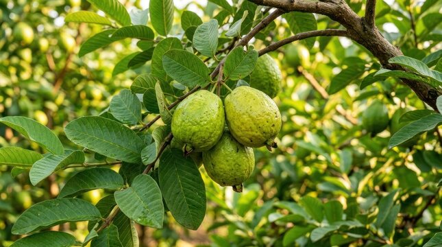 Close up of fresh green guavas hanging on a tree branch in a garden.