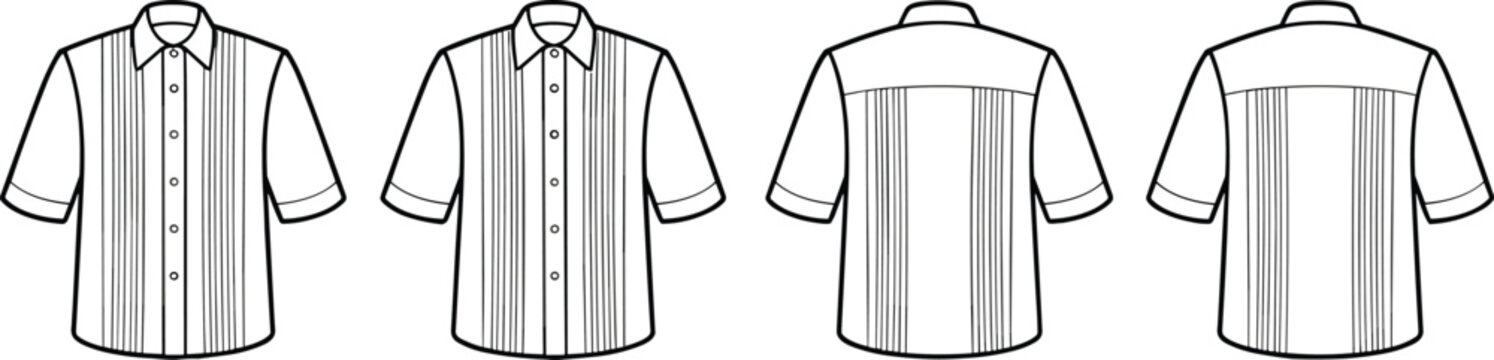 Technical fashion sketch of a mens guayabera shirt with front and back views in black and white