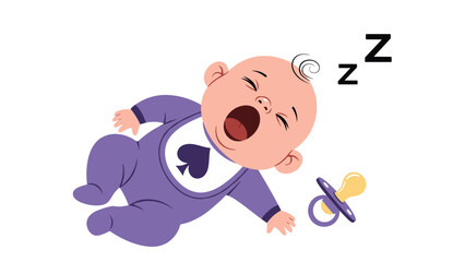 Fototapeta premium Sweet baby sleeping soundly in a purple onesie with a spade symbol while a pacifier lies on the floor nearby in this peaceful scene.