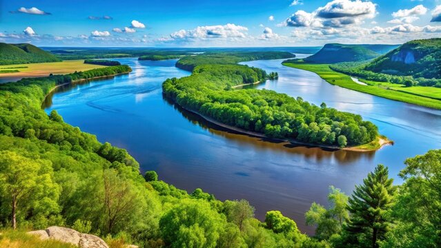 Turquoise mississippi river unfurls majestically from blufftop vistas at effigy mounds national monument under radiant summer sunlight