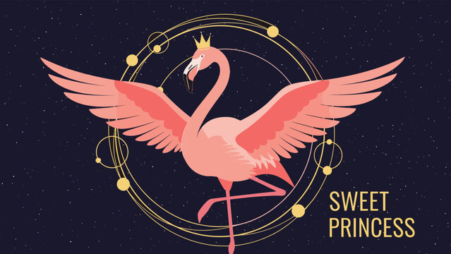 Elegant pink flamingo wearing a golden crown standing in a celestial frame with stars and circles on a dark blue space background.