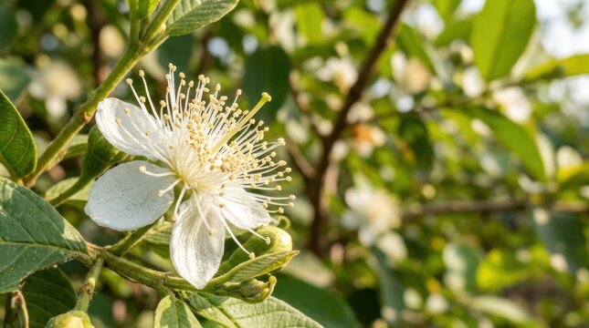 Close-up of a delicate white guava flower blooming in a lush green garden under natural sunlight.