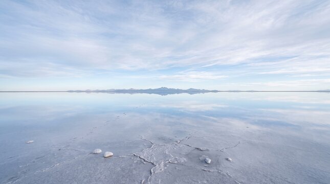 Salt flat reflection at horizon. Mirror effect on water surface with clear blue sky.