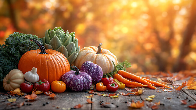 Fresh autumn vegetables on golden forest background
