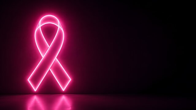 Glowing pink neon ribbon for breast cancer awareness, vibrant light symbol on black background, medical health support concept with copy space