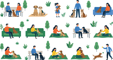 Fototapeta premium People with Dogs in Park and Home Vector Set with Diverse Male and Female Characters Sitting on Benches and Playing with Pets