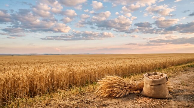 Golden wheat field at sunset. Harvested grain in burlap sack on a rural country road.