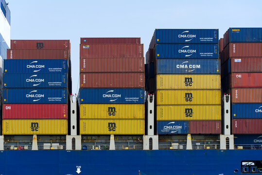 CMA CGM Loire Valletta container ship moored at terminal at Port du Havre on a sunny hot summer day. Photo taken July 14th, 2026, Le Havre, Normandie, France.