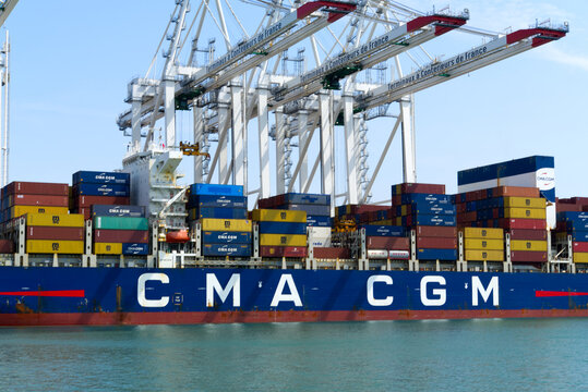 CMA CGM Loire Valletta container ship moored at terminal at Port du Havre on a sunny hot summer day. Photo taken July 14th, 2026, Le Havre, Normandie, France.