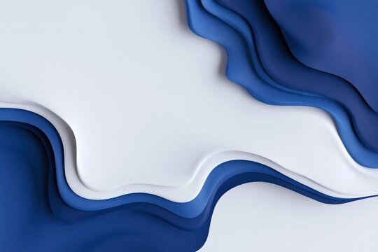 Horizontal layered paper cut abstract background with deep blue waves and white negative space for modern wallpaper and banner design