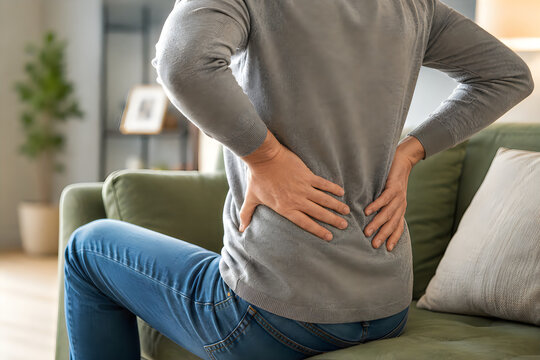 Man sitting on couch holding lower back in pain, suffering from backache.