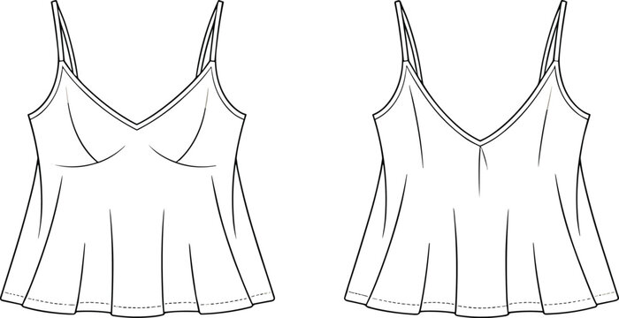 Technical fashion sketch of a womens camisole top with spaghetti straps and a flared peplum hemline