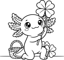 Obraz premium Cute cartoon axolotl carrying a basket of flowers and holding a clover leaf.Hand-drawn line art for children's coloring books and educational print.