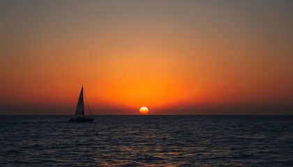 Fototapeta premium Sailboat silhouette sailing on calm ocean water under dramatic orange sunset sky at dusk