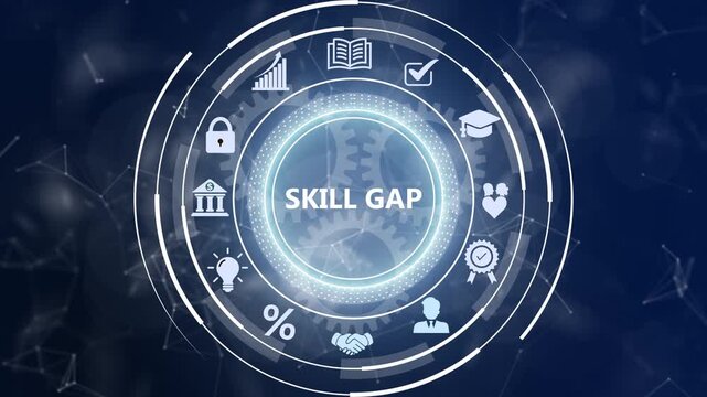 Corporate workforce skill gap analysis dashboard concept showing HR training development and talent optimization on a dark tech screen.