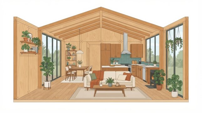 A modular timber home with a kitchen and living area. Large windows allow light into the space, featuring plants and furniture.