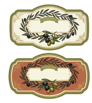 A set of two vintage-style decorative labels featuring olive branches with ripe green and black olives, ornate borders, and blank copy space on a white background.