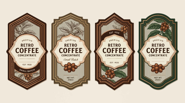 Vintage retro coffee concentrate product label vector set with botanical illustrations and ornate borders on cream.