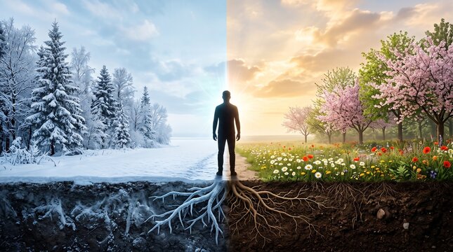 Human silhouette between winter and spring. Seasonal change concept with nature transition.