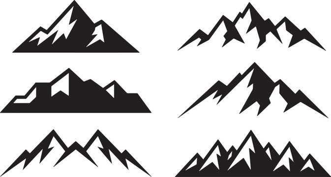 Set of black mountain silhouettes with snowy peaks for outdoor adventure logos and nature landscape design elements
