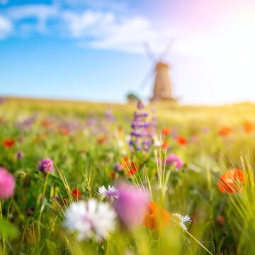 A peaceful meadow filled with colorful wildflowers and a rustic windmill under a golden sun. This nature scene offers a serene, nostalgic atmosphere, featuring nobody. Ideal for travel or spring.