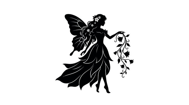 Floral Fairy Princess Silhouette with butterfly wings, Mystical forest nymph holding floral vine, Magical garden pixie vector illustration for fantasy decor, fairy, silhouette, butterfly wings, mystic