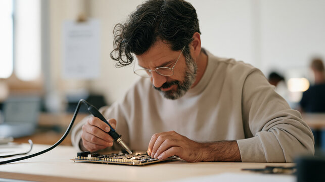 Electrical engineer close up hands soldering a complex circuit board in an industrial workshop, beside the bench a mature student nursing school acceptance letter is pinned to the