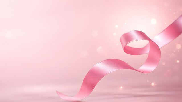 Elegant pink satin ribbon floating on soft bokeh background, flowing silk fabric swirl, feminine aesthetic banner for breast cancer awareness