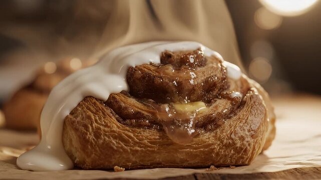 Steaming hot cinnamon roll with white icing on paper