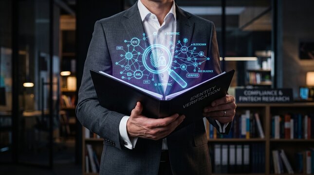 Businessman holding a digital file folder. Executive analyzing data with holographic interface.